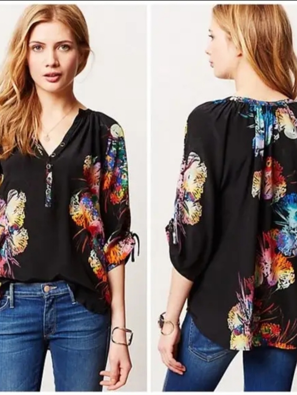 Yumi Kim For Anthropologie Silk Floral Henley Blouse